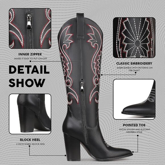 Women's Black Chunky Knee High Block Heels Cowgirl Western Embroidered Boots - Picture 5 of 7